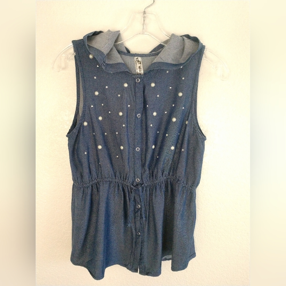 Knit Works Girl's Chambray Top Shirt Sleeveless Hooded Embellished Blue Girls 14